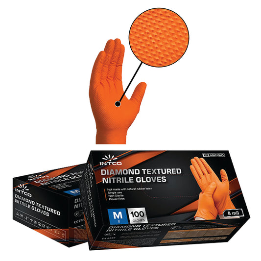 8MIL INTCO Orange/Black Diamond Grip Industrial Nitrile Gloves